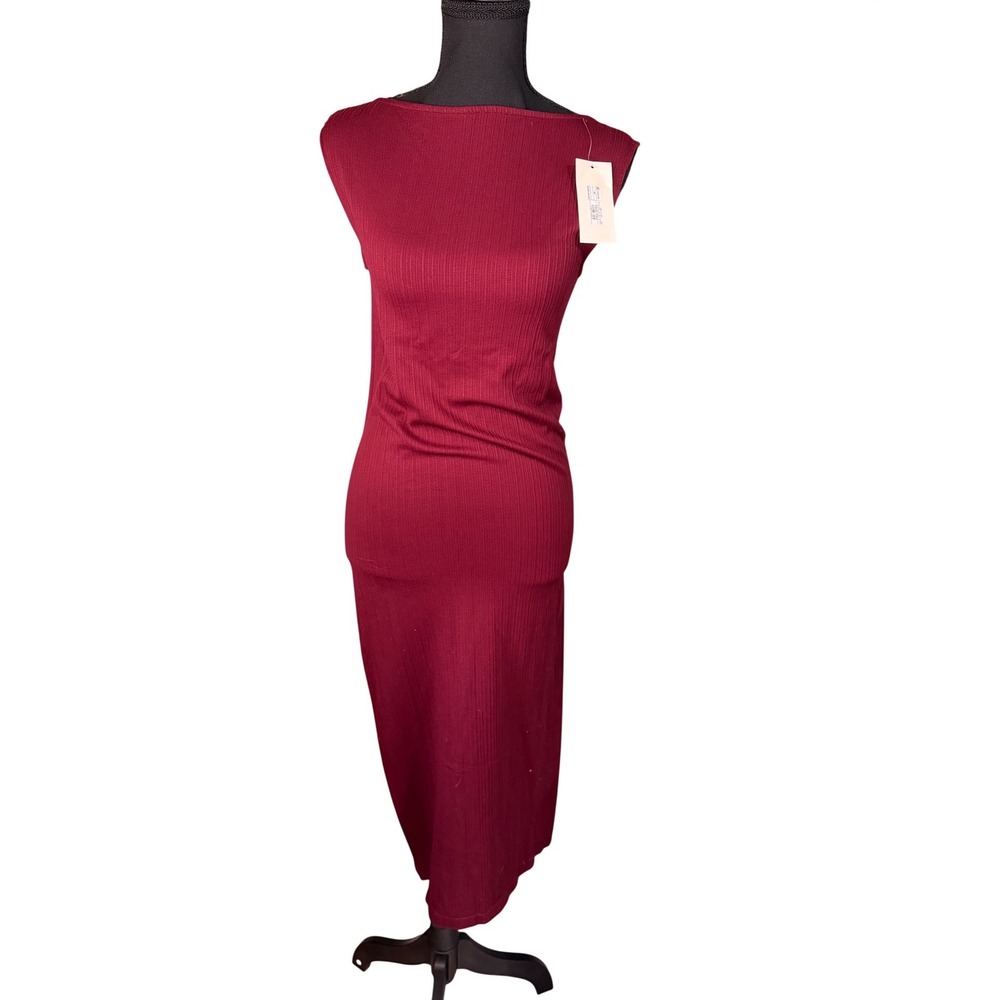 A New Day Burgundy Ribbed Midi Dress NWT Medium Minimalist Bodycon Capsule